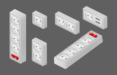 Set power surge protector socket with button isometric vector