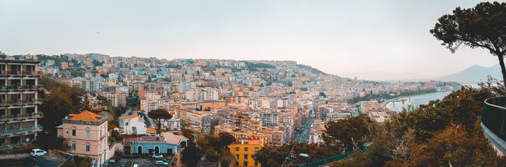 giant panorama of napoli, italy with an tree on the side