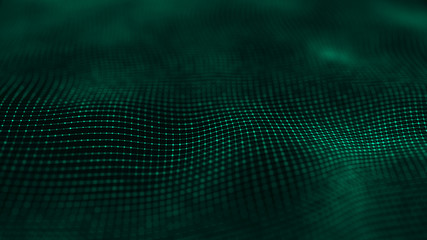 Wavy surface with many connected dots and lines. Abstract futuristic background. 3D rendering.