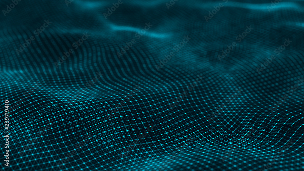 Poster wavy surface with many connected dots and lines. abstract futuristic background. 3d rendering.