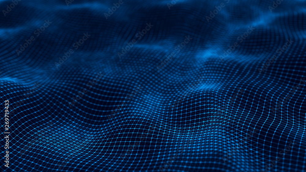Poster wavy surface with many connected dots and lines. abstract futuristic background. 3d rendering.