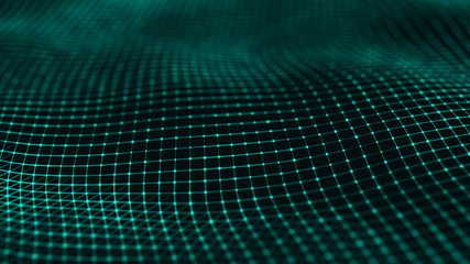 Wavy surface with many connected dots and lines. Abstract futuristic background. 3D rendering.