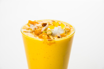 Falooda / Faluda is a popular Indian dessert - Strawberry and Mango flavoured which has Ice cream, noodles, sweet basil seeds and nuts, selective focus