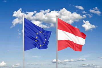 European Union vs Austria. Thick colored silky flags of European Union and Austria. 3D illustration on sky background. - Illustration