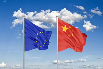 European Union vs China. Thick colored silky flags of European Union and China. 3D illustration on sky background. - Illustration