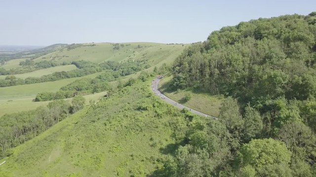 Drone footage of the London to Brighton bike ride, in the final hill climb at Ditchling Beacon