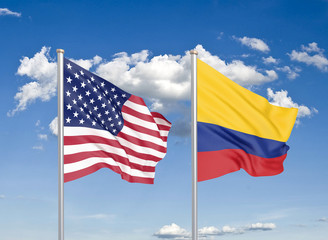 United States of America vs Colombia. Thick colored silky flags of America and Colombia. 3D illustration on sky background. - Illustration