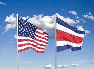 United States of America vs Costa Rica. Thick colored silky flags of America and Costa Rica. 3D illustration on sky background. - Illustration