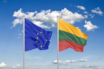 European Union vs Lithuania. Thick colored silky flags of European Union and Lithuania. 3D illustration on sky background. - Illustration