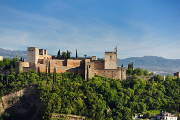 Fototapeta na wymiar At left Round Homage and Broken towers and Arms and Watch towers at right of Alcazaba Alhambra Granada