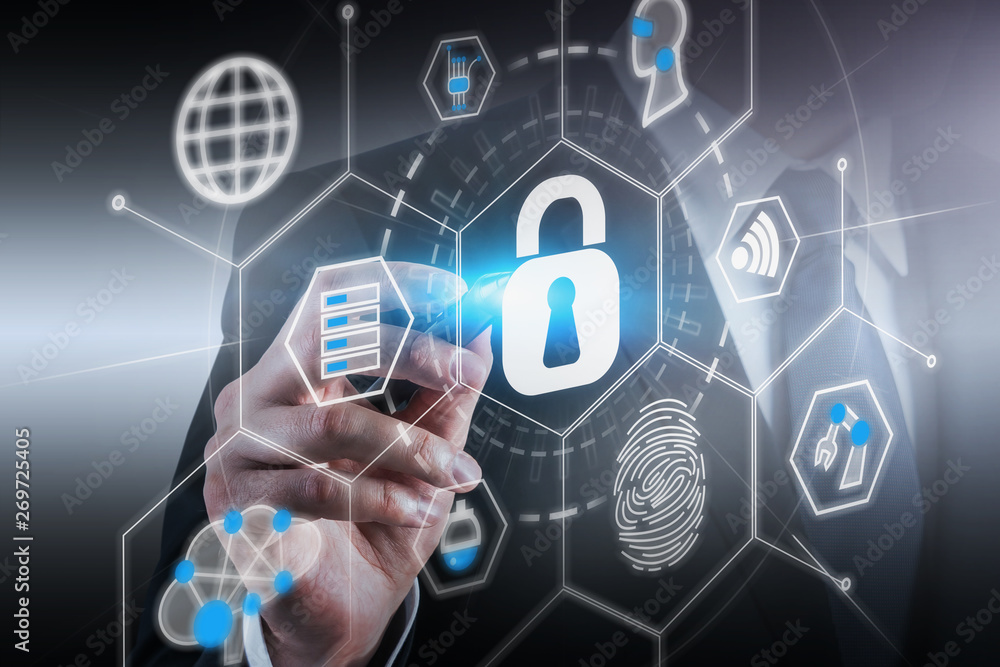 Poster man in suit using online security interface