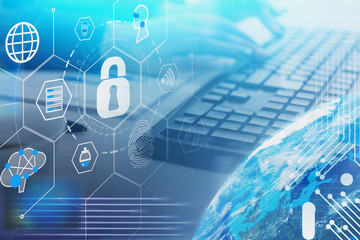 Fototapeta premium Woman hands typing, online security concept