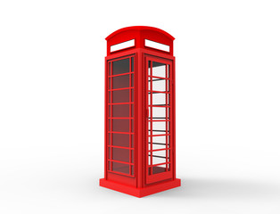 3D rendering of a red classic telephonebooth in white background.