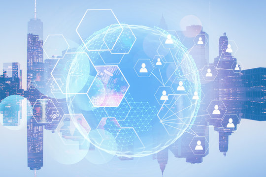 People network hologram in city