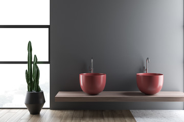 Gray bathroom interior with double sink