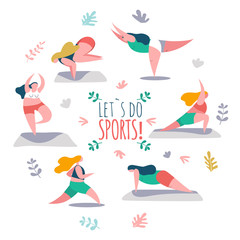 Woman plus size practicing exercises of different kinds of sport, yoga and exercises. Lettering Let`s Do Sports! Vector cartoon illustration in modern concept on white background. Circle template