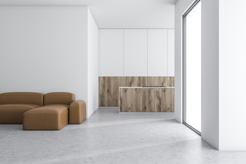 White living room with kitchen counter