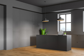 Reception desk in gray office corner