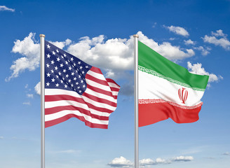 United States of America vs Iran. Thick colored silky flags of America and Iran. 3D illustration on sky background. - Illustration