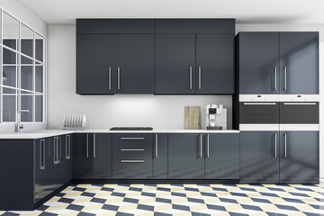 Fototapeta na wymiar White kitchen interior with gray countertops