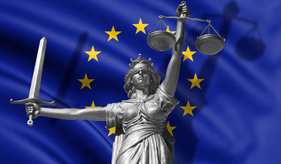Cover about Law. Statue of god of justice Themis with Flag of European Union background. Original Statue of Justice. Femida, with scale, symbol of justice with EU flag 3d rendering. - obrazy, fototapety, plakaty