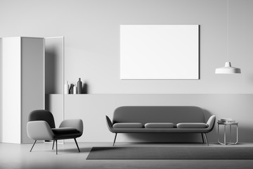 White living room interior with poster