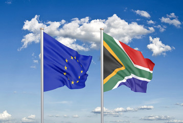 European Union vs South Africa. Thick colored silky flags of European Union and South Africa. 3D illustration on sky background. - Illustration