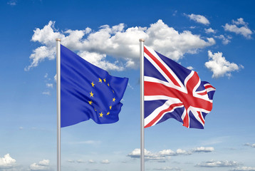 European Union vs United Kingdom. Thick colored silky flags of European Union and United Kingdom. 3D illustration on sky background. - Illustration