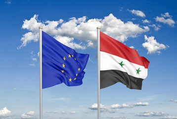 European Union vs Syria. Thick colored silky flags of European Union and Syria. 3D illustration on sky background. - Illustration