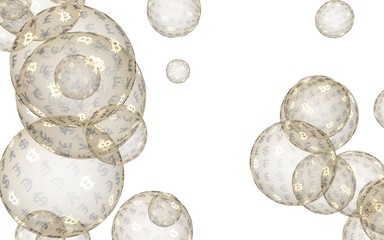 Bitcoin economic financial bubble. crypto currency 3D illustration. Business concept. Gold bubbles on white background. Bit, Coin, mining concept