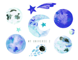 Set of cartoon planets and stars. Solar system, watercolor
