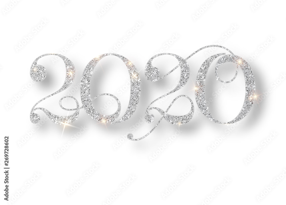 Canvas Prints happy new year 2020 greeting card with silver numbers and confetti frame on white background. vector
