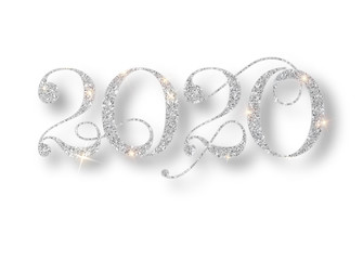 Happy New Year 2020 Greeting Card with Silver Numbers and Confetti Frame on White Background. Vector Illustration. Merry Christmas Flyer or Poster Design. Vector 10 EPS.