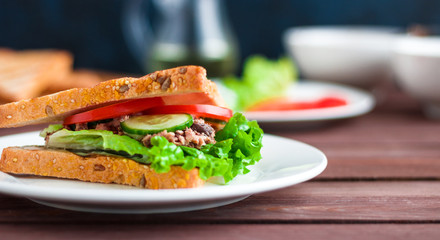 sandwich with tuna  grilled bread  lettuce tomato cucumber on white plate soft focus