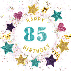 Postcard square format with the inscription "happy 85th birthday", stars, glitter, serpentine..