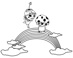 beautiful magic fairy and fungu elf with rainbow scene