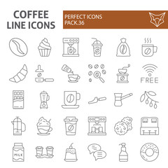 Coffee thin line icon set, cafe symbols collection, vector sketches, logo illustrations, caffeine signs linear pictograms package isolated on white background.