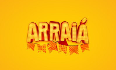 Festa Junina com bandeiras de fundo para varejo. Selo promocional 3d Brasil para festa de junho de cartão ou cartaz para  férias.  Selo São João e arraiá. Tipografia festiva