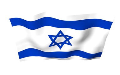 The flag of Israel. State symbol of the State of Israel. A blue Star of David between two horizontal blue stripes on a white field. 3d illustration