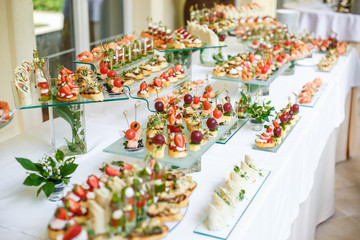 Catering. Off-site food. Buffet table with various canapes, sandwiches, hamburgers and snacks.