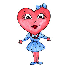 Heart girl character on a white background. Watercolor illustration. Valentine's Day.