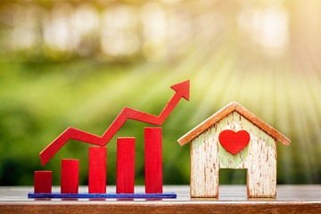 Home with red heart and bar graph with growing value put on table on bokeh background in the public park, for financial business investment and fund real estate concept.