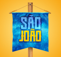 Festa Junina com bandeiras de fundo para varejo. Selo promocional 3d Brasil para festa de junho de cartão ou cartaz para férias. Selo São João e arraiá. Tipografia festiva