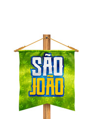 Festa Junina com bandeiras de fundo para varejo. Selo promocional 3d Brasil para festa de junho de cartão ou cartaz para férias. Selo São João e arraiá. Tipografia festiva