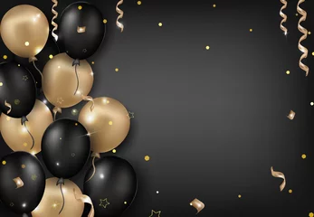Fotobehang Celebrations background with black and golden balloons, serpentine, confetti, sparkles.Template for banner, greeting card or sales. Vector illustrations. © Inai