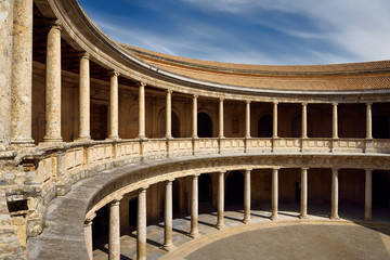 Inner circular courtyard from second story in the Palace of Charles V Alhambra Granada Spain
