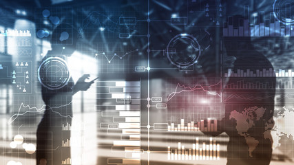 Business intelligence. Diagram, Graph, Stock Trading, Investment dashboard, transparent blurred background.