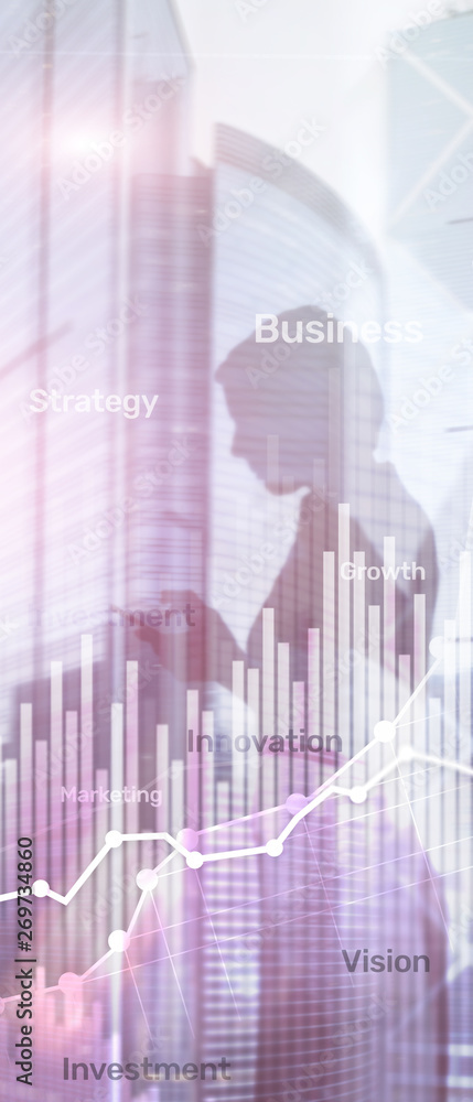 Wall mural vertical panorama banner. business abstract background double exposure graph, chart and diagram. wor