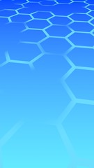 Translucent, with breaks, honeycomb on a gradient blue sky background. Perspective view on polygon look like honeycomb. Isometric geometry. 3D illustration