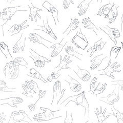 Vector sketch illustration. female hands.  Line Art. Seamless pattern